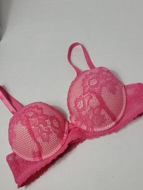 Lace Underwire Bra with Floral Overlay - Bright Pink